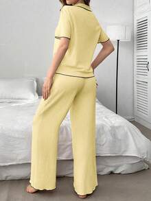 Côtesoire 櫻桃刺繡對比飾邊短袖長褲女款睡衣套裝 - 黃色 - 查看 2