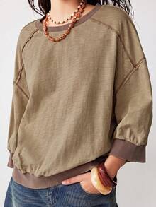 Bohemela 休閒針織配色拼接圓領水洗寬鬆女款 3/4 袖 T-shirt 夏季上衣 春夏嘉年華女裝服飾 - 卡其色 - 查看 4