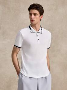 Courvante Men Striped Trim Collar Polo Shirt, For Work Your Tennis And Golf Boyfriend - White - View 4