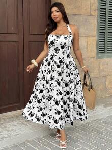 SHEIN Clasi Plus Size Brown Summer Boho Elegant Floral A-Line Dress,Retro Halter Tie-Up Sleeveless Tea Party Gym Holiday Beach Vacation Sundress - Black and White - View 7