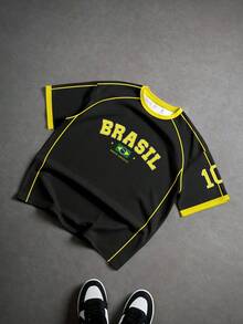 Aesthetic Post 男士大尺碼復西隊足球T恤，美國 BRASIL 10 印花上衣，男士圖案T恤，女士圖案T恤，男士時尚運動上衣，足球/足球用品 - 彩色 - 查看 3