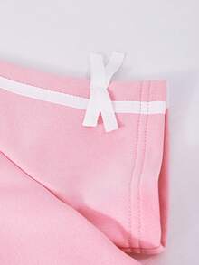 Girls 2pcs Set Solid Color Knit Round Neck T-Shirt + Wide Leg Long Pants Set, 3D Bow Decoration, Side Seam Color Block Stripe Decoration, American Minimalist Casual, Sports Style, Suitable For Daily Casual, Sports Wear In Spring And Summer - Pink - View 5
