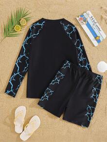 SHEIN Teen Boy 2pcs Casual Vacation Print Pattern Long Sleeve Swim Top And Swim Shorts - Multicolor - View 2