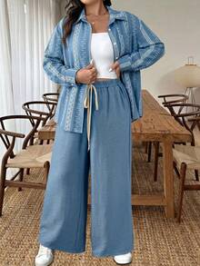 Vionelle Damen Große Größen Französischer Lässiger Eleganter Herbst/Winter Langarm Oberteil Und Lange Hose 2 Teile Set - Blau - Übersicht 4