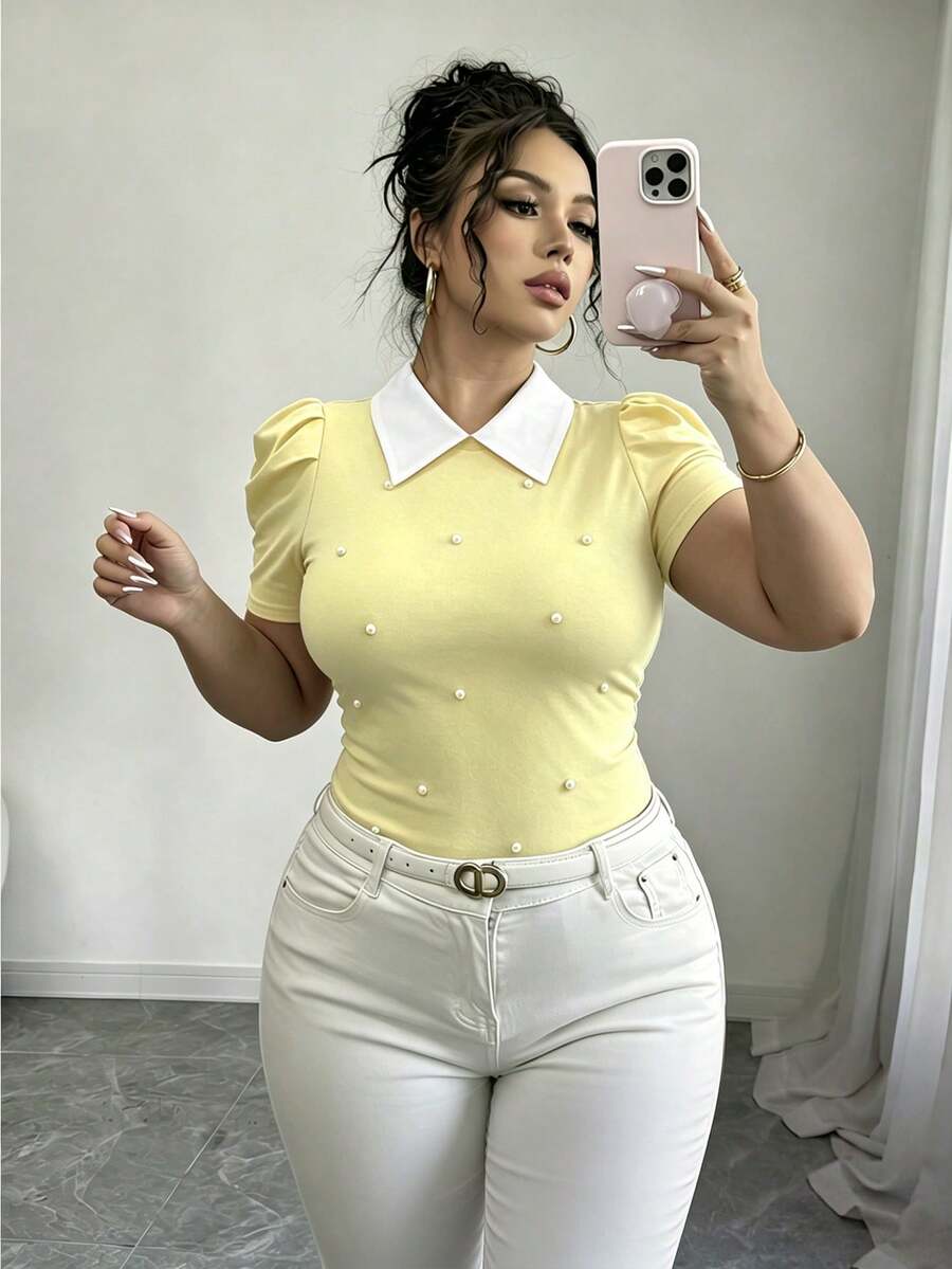 Elenzga 夏季珍珠裝飾 3D 泡泡袖法式復古風短版修身大尺碼 T-shirt - 黃色 - 查看 1