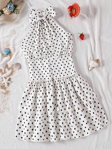 SHEIN 1 pieza Vestido ajustado con cintura ceñida, cuello halter, estampado de lunares y decoración de lazo desmontable, elegante y tejido, nuevo para niñas preadolescentes en verano, para salidas diarias, fiestas, banquetes y uso casual - Blanco - Ver 3