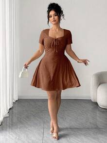 Elenzga Plus Size Fitted Slimming Fashion Yellow Jacquard Dress - Brown - View 4