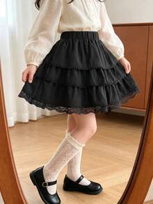 SHEIN Genkimix Kids 女童蕾絲飾邊純色多層時尚蛋糕裙，夏季 - 黑色 - 查看 4