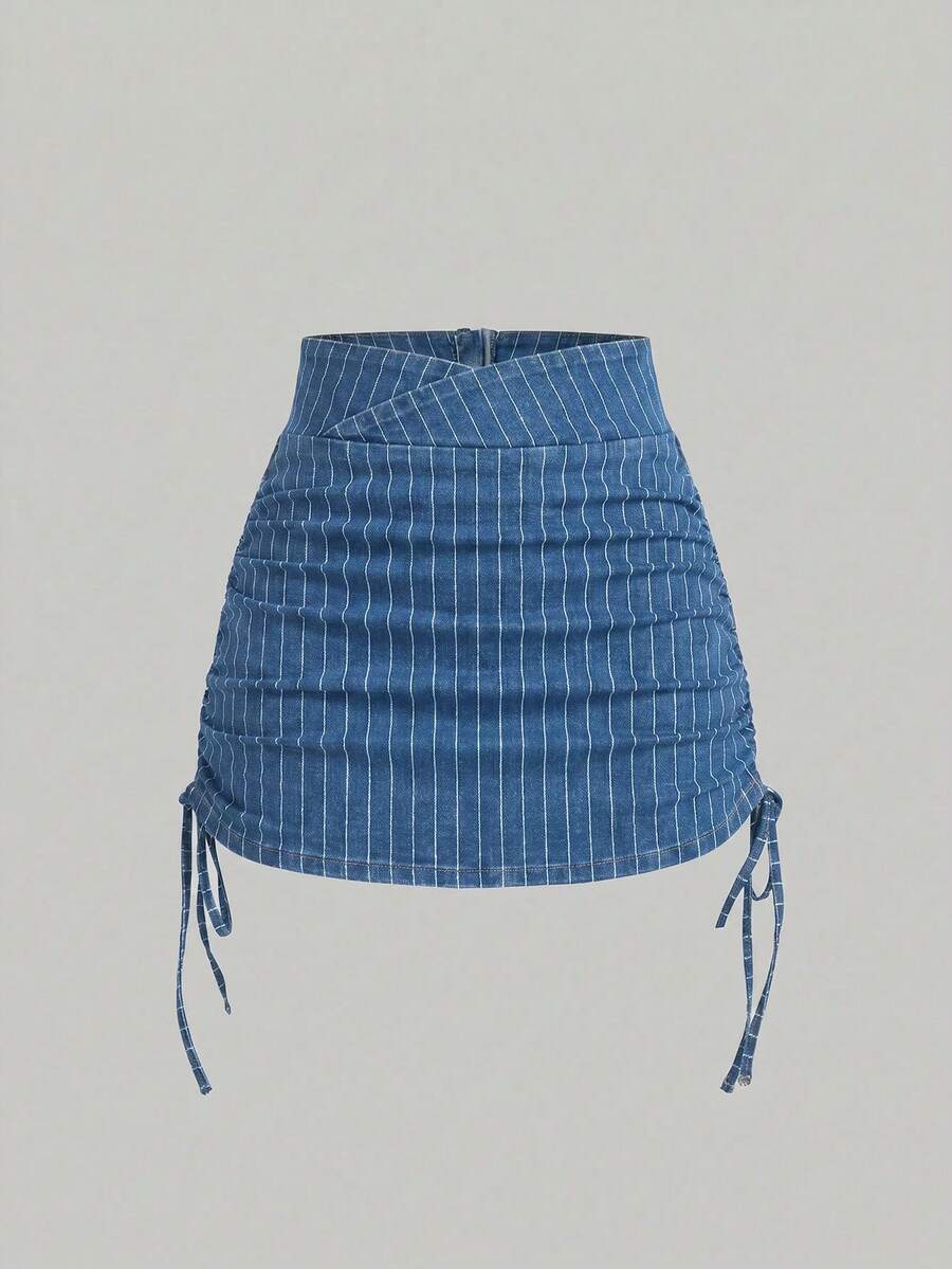 SHEIN MOD 女款交叉腰綁帶藍白條紋百褶牛仔迷你裙,適合外出、日常、日間、夏季,Y2K 90年代風 - 藍白色 - 查看 1