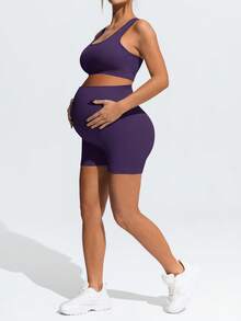 SHEIN Maternity Summer Solid Color Elastic Breathable Sports Bra And Shorts Set - Purple - View 8