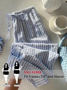 SHEIN Tall CURVE 條紋彈性腰大尺碼女款寬鬆休閒長褲 - 藍色 - 查看 1