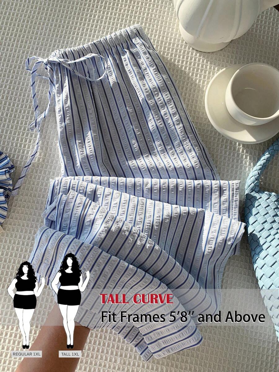 SHEIN Tall CURVE 條紋彈性腰大尺碼女款寬鬆休閒長褲 - 藍色 - 查看 1