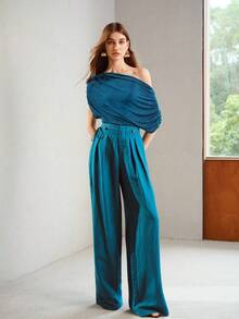 MOTF PREMIUM ASYMMETRIC SHOULDER RUCHED KNIT TOP - Teal Blue - View 7