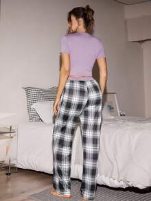 Lowkey Lull 女士两件套圆领上衣和格子裤家居服套装 - 紫色 - 查看 2