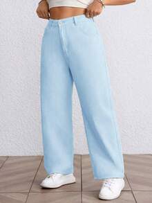 SHEIN EZwear 大尺碼女款無彈力淺藍色直筒牛仔褲 寬鬆顯瘦中腰休閒牛仔褲 女款牛仔褲 - 藍色 - 查看 5