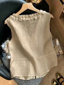 SHEIN Franclia 女款V領荷葉邊飾亞麻感無袖上衣背心，夏季優雅休閒通勤度假襯衫 - 卡其色 - 查看 2