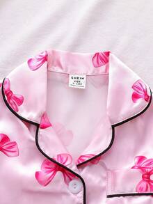 Baby Girl Pink Bow Collar Cardigan & Shorts Pajama Set, Loungewear - Pink - View 4