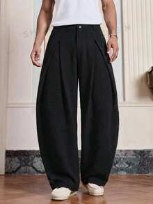EASEVO Plus Size Men's Solid Color Pleated Pocket Casual Pants - Black - View 4