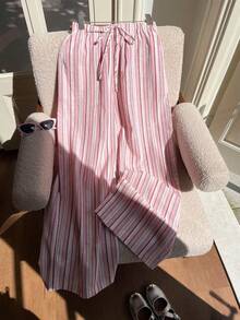 Comfortcana Plus Size Women's Spring/Summer New Casual Vacation Colorful Summer Striped Woven Pants, Drawstring Waist Adjustable Trousers, Suitable For Vacation, Outing, And Home Wear - Multicolor - View 1