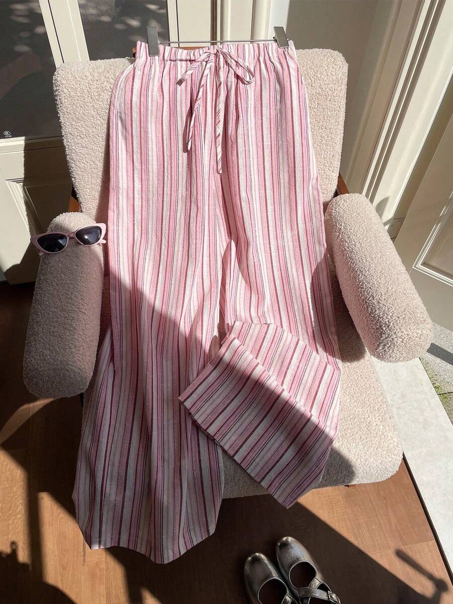 Comfortcana Plus Size Women's Spring/Summer New Casual Vacation Colorful Summer Striped Woven Pants, Drawstring Waist Adjustable Trousers, Suitable For Vacation, Outing, And Home Wear - Multicolor - View 1