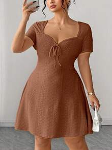Elenzga Plus Size Fitted Slimming Fashion Yellow Jacquard Dress - Brown - View 3