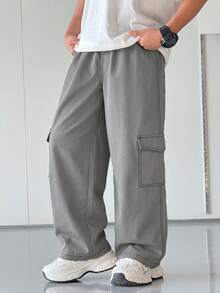 SHEIN 1 pièce Pantalon droit noir décontracté pour garçon avec poches de travail et ligne de contraste décorative. Convient pour la rentrée scolaire, les fêtes d'anniversaire, les soirées, les représentations, les mariages, les baptêmes, les cérémonies d'ouverture, l'utilisation quotidienne, l'école, les vacances, les voyages, les sports, les saisons de printemps et d'été - Gris - Voir 3