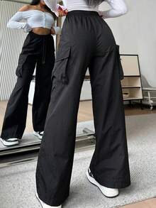 SHEIN EZwear 休閒素色梭織高腰寬腿女款長褲 - 黑色 - 查看 4