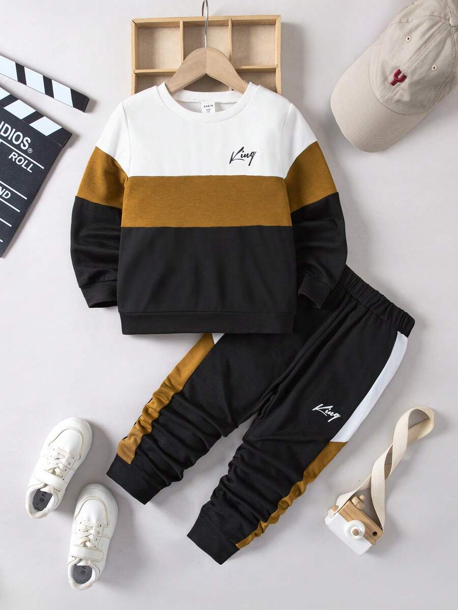 SHEIN Sudadera y pantalón deportivo para joven con gráfico de letras y bloques de color - Multicolor - Ver 1