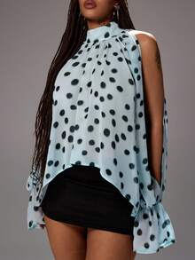 Rustia Plus Size Women's Vintage Elegant Halter Neck Blouse, Classic Shirt, Long Lantern Sleeve, Polka Dot Shirt, Asymmetric Shirt, Slit Sleeve Design, Bow Tie Back, Asymmetric Chiffon Blouse, Suitable For Evening, Party, Date, Daily Wear, Back To School, Office, Wedding Guest, Spring/Summer/Autumn - Multicolor - View 6