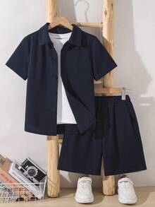 Mirajuku Set Kasual Kemeja Lengan Pendek Kancing Tunggal Warna Polos untuk Anak Laki-Laki Usia Remaja, Terdiri dari Celana Pendek dan Kemeja Lengan Pendek - Navy Blue - View 7