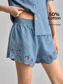 Ontre 2026 Women's Dusty Blue Summer Hollow Out Embroidery Loose Fit Shorts Elegant Romantic Elastic Waist Casual Chic Vacation Minimalist Solid Urban - Blue - View 4