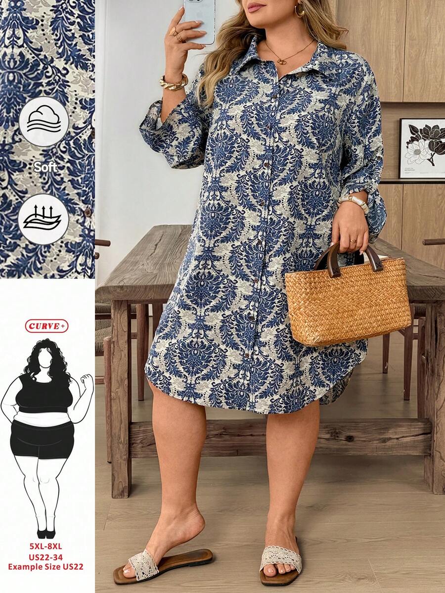 SHEIN CURVE+ 大尺碼鄉村復古度假休閒開襟襯衫風鈕扣圓弧下擺短版長袖女裝洋裝，適合初秋