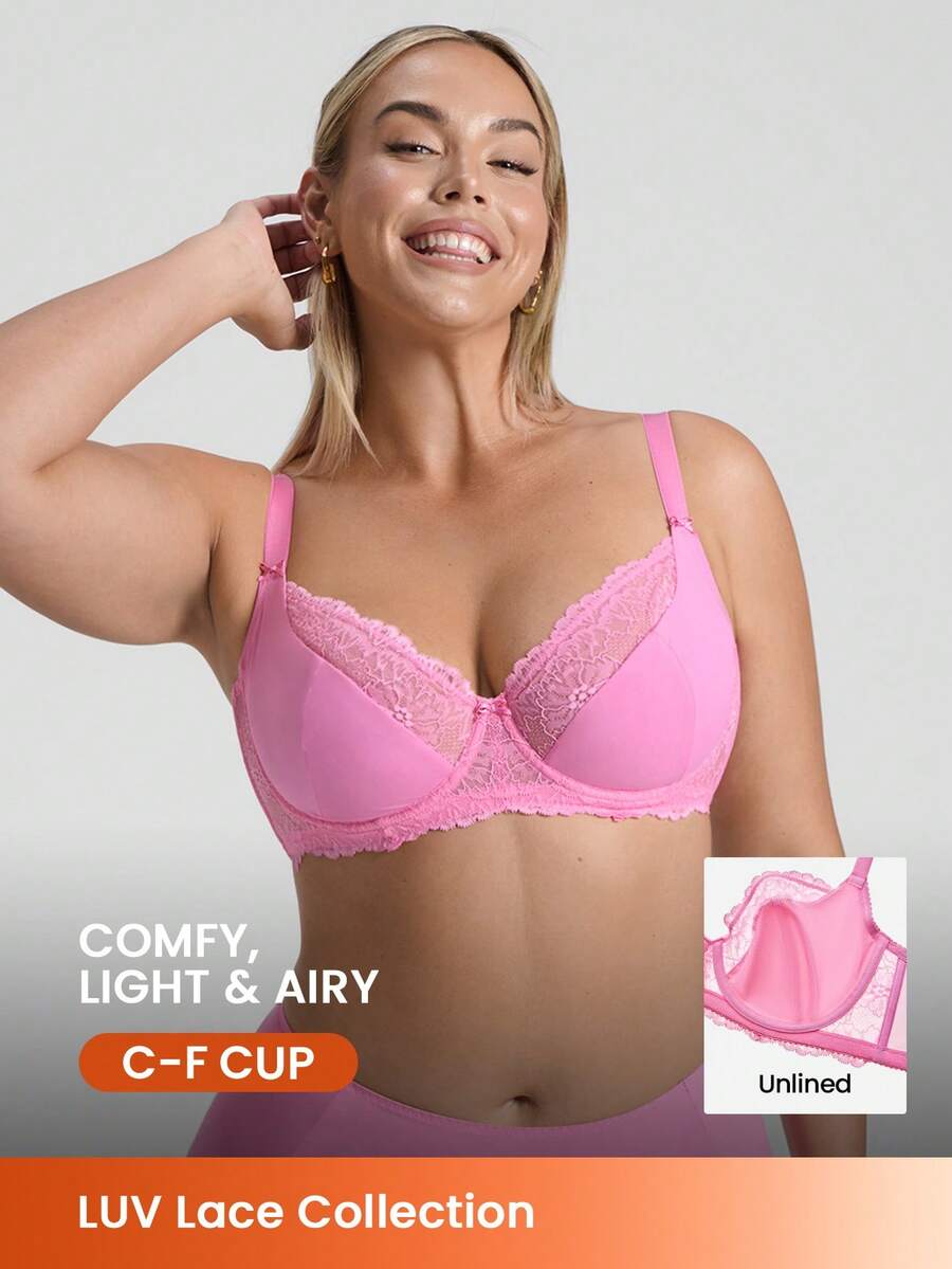 LUVLETTE Plus  Woman Lingerie Pink Full Coverage Support&Breathable Underwire Sexy Unlined Sheer Minimizer Lace Bra