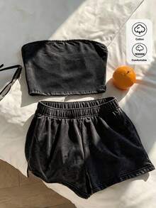 Comfortcana 女款素色抹胸上衣與彈性腰圍短褲休閒日常套裝 - 黑色 - 查看 1