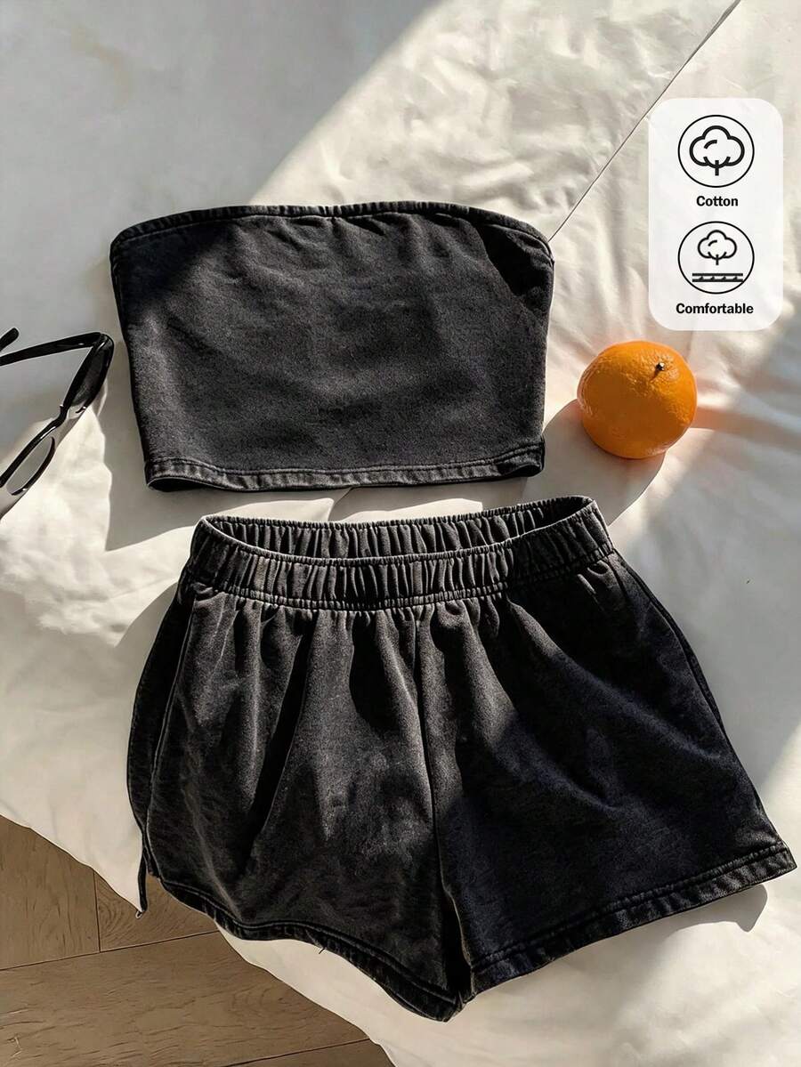 Comfortcana 女款素色抹胸上衣與彈性腰圍短褲休閒日常套裝 - 黑色 - 查看 1