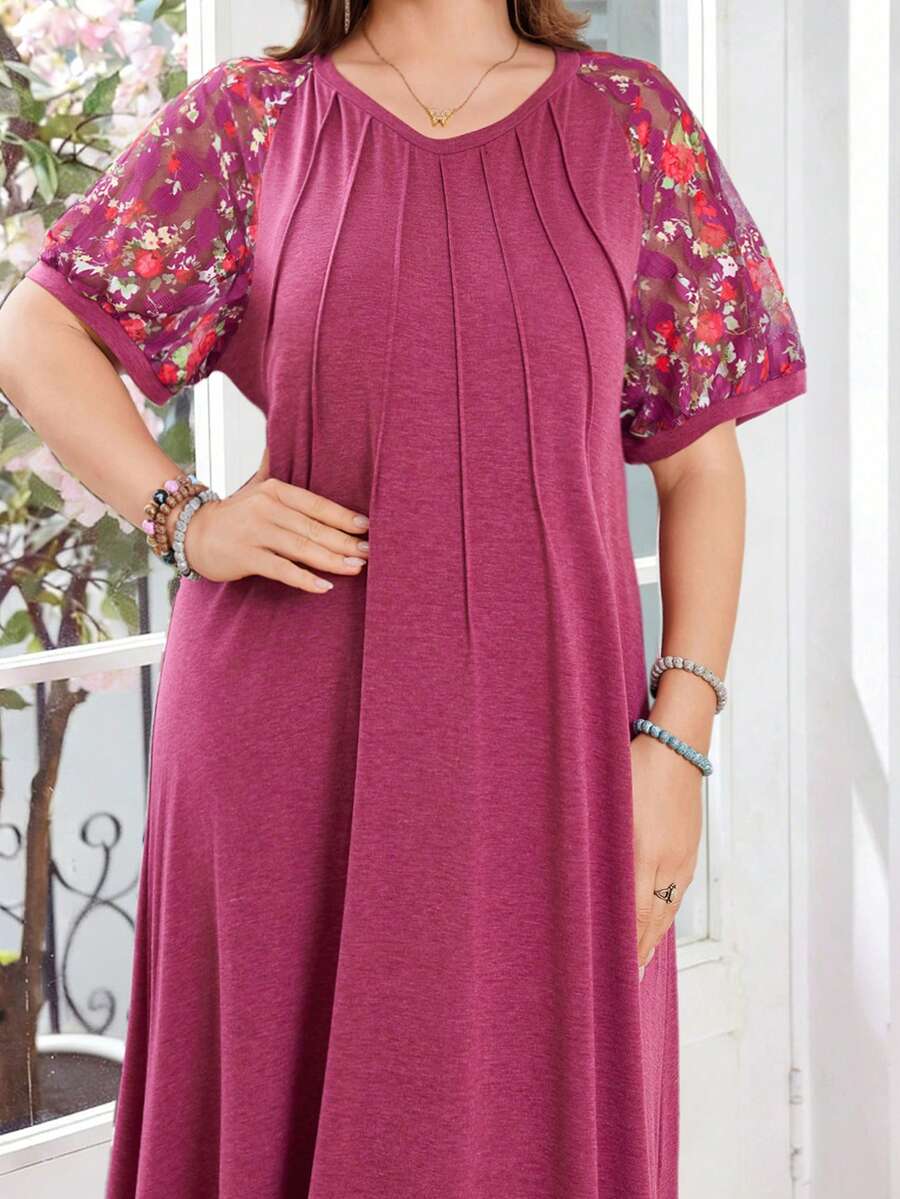 Lacomfia Women's Round Neck Short Sleeve Lace Floral Print Patchwork Trim Casual Loose Comfortable Versatile Long Dress - Red - View 1