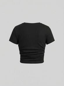 SHEIN Girlism Tween Girl Black Summer Basic Casual School Fitted Crew Neck Short Sleeve T-Shirt With Side Ruching & Hair Scrunchie,Stylish Girly Style Holiday Tops - Black - View 2