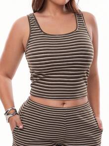 Solavibe Plus Size Women's Striped Colorblock Top And Pants Casual Daily 2 Pieces Set - Brown - View 5