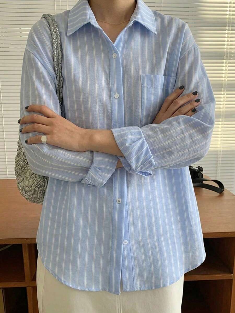 DAZY 條紋寬鬆長袖休閒度假夏季襯衫 - 藍色 - 查看 1