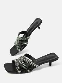 CUCCOO HITCHD Sepatu Wanita Berhiaskan Berlian Imitasi, Ujung Persegi, Model Kitten dan Sepatu Kasual, Sandal Hak Tinggi Satin Hitam untuk Kencan, Minum Teh Sore, Musim Panas - Hitam - View 6