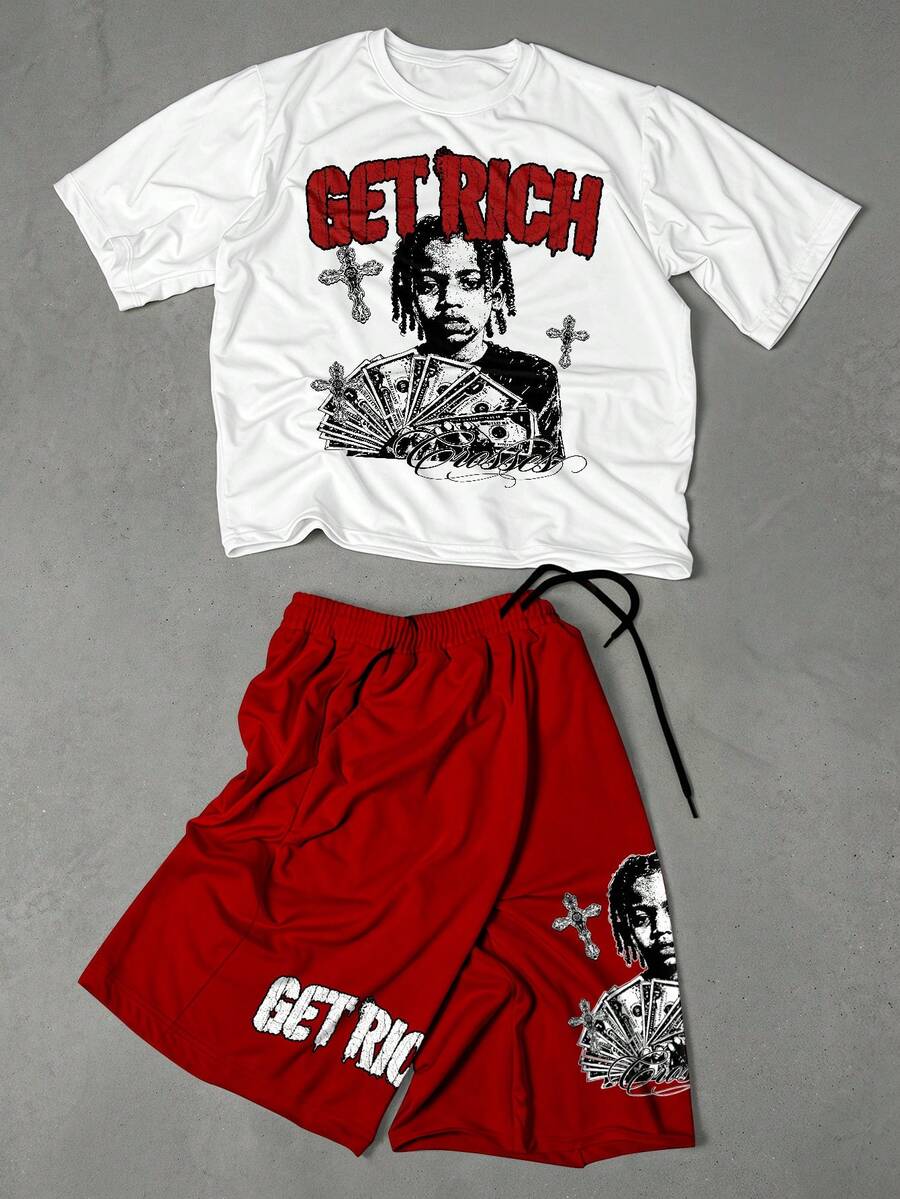 Manfinity Roghcode Men Streetwear Set,White And Red ""GET RICH"" Portrait Print Short Sleeve T-Shirt And Shorts,Retro Y2K Hip Hop Style For Summer Music Festival Beach - Multicolor - View 1