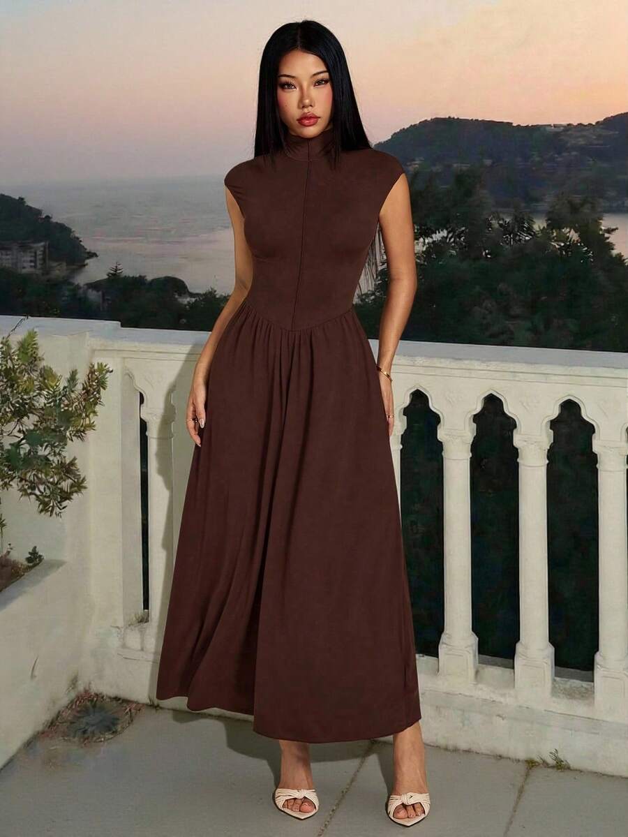 SHEIN PETITE 女士棕色高领长款针织连衣裙，情人节、婚礼、优雅连衣裙、白色连衣裙、女士婚礼宾客礼服、春夏装、女士下午茶会服装、节日、生日 - 棕色 - 查看 1