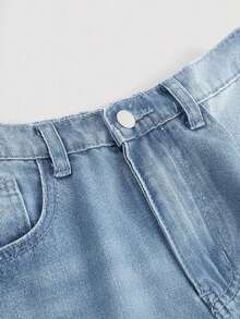 SHEIN 青少年女孩 Y2K 寬鬆休閒牛仔褲，附口袋與寬腿設計，適合夏季假期 - 淺色水洗藍 - 查看 3