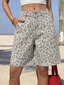 SHEIN PETITE Women's Leopard Print Denim Shorts ,Petite Women - Multicolor - View 4
