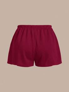 SHEIN BASICS 女款休閒基礎純色針織中低腰運動超短褲，居家健身休閒夏季運動短褲，酒紅色 - 酒紅色 - 查看 3