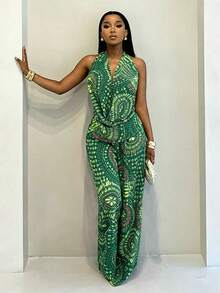 BamGleam Summer Sexy All-Over Print Halter Neck Backless Top And Long Pants 2pcs Set - Green - View 5