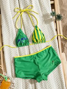 Swim Vcay Nuevo Conjunto de Bikini Sexy de 2 Piezas para Vacaciones en la Playa, Top de Bikini Triangular con Halter y Patchwork de Estampado de Leopardo & Vaca Multicolor, Shorts Brasileños con Fruncido y Elevación de Cadera, Primavera Verano - Multicolor - Ver 4