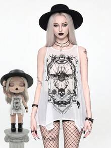 ROMWE Goth Débardeur long ample coupe A pour femme, motif crâne sombre, insecte, squelette et astrolabe - Blanc - Voir 2