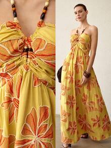 MOTF PREMIUM LINEN DRESS WITH 3D EMBROIDERY AND BEADING, BELLFLOWER FRENCH TEA DRESS - Yellow - View 8