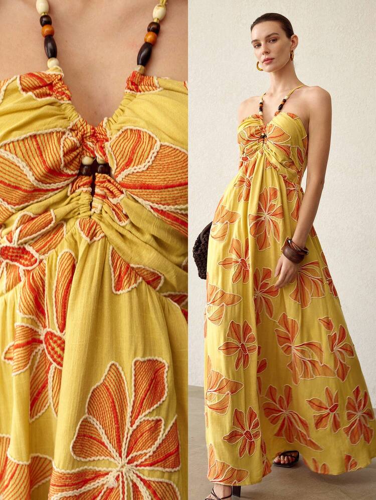 LINEN DRESS WITH 3D EMBROIDERY AND BEADING, BELLFLOWER FRENCH TEA DRESS